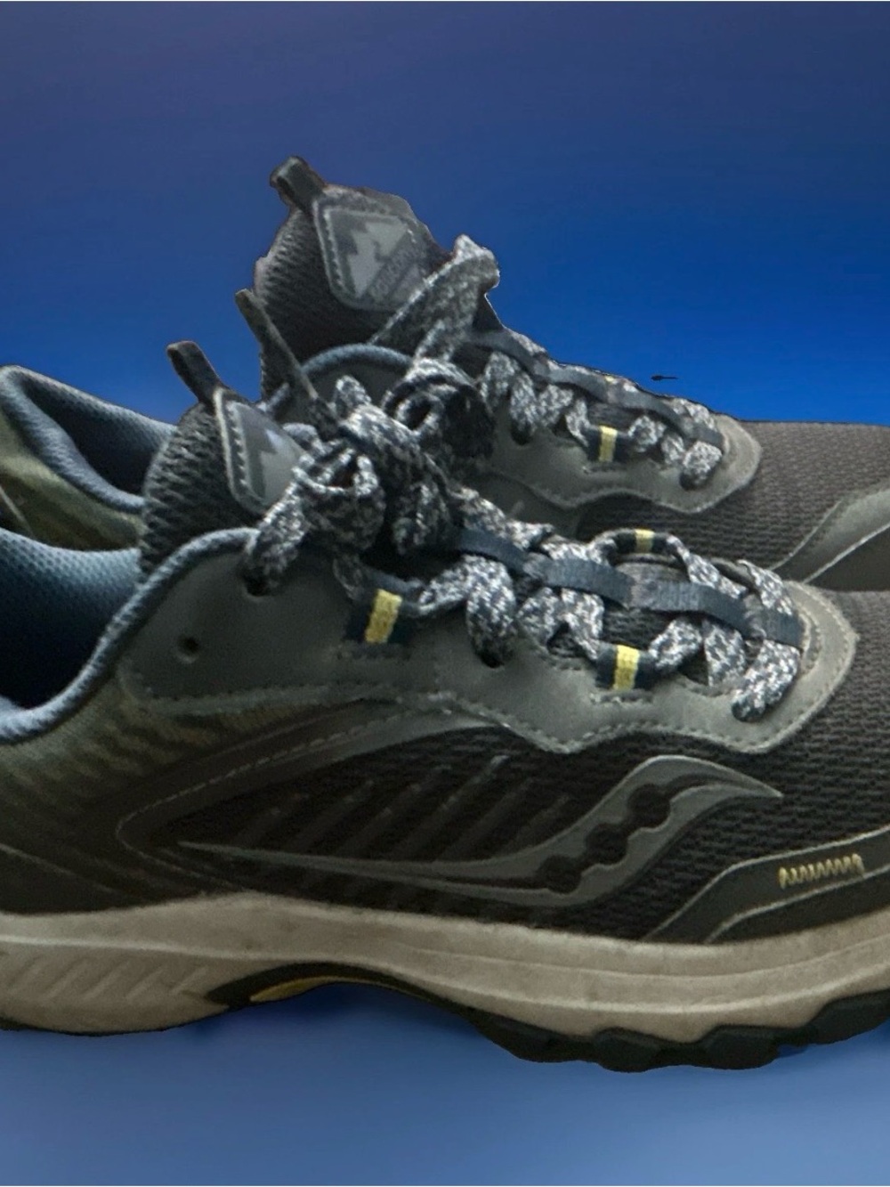 Saucony Men's Athletic Shoes in Dark Gray and Black with Yellow Accents